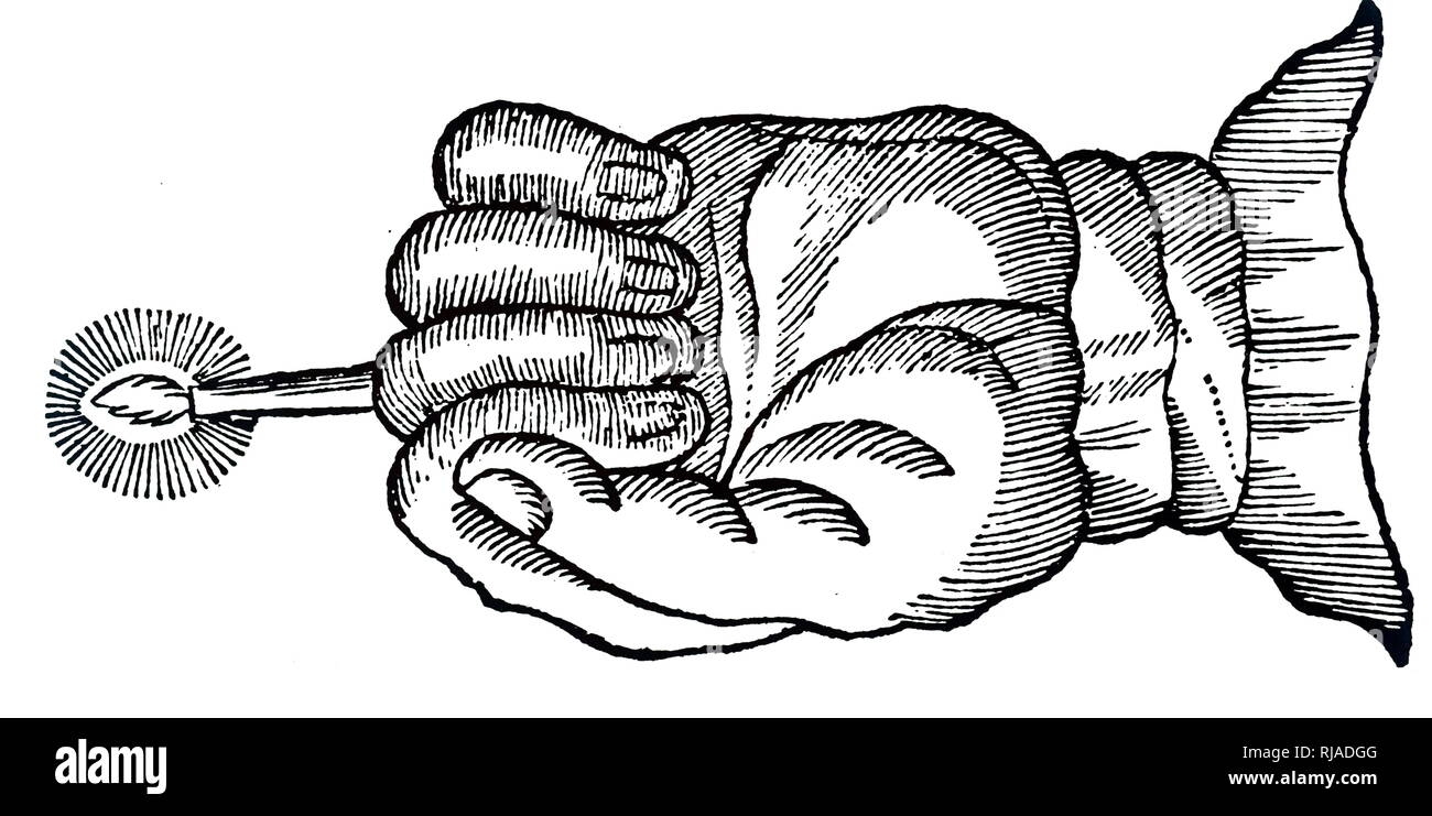 Une gravure sur bois représentant la main de gloire : utilisé par des voleurs comme un mauvais sort pour rendre les gens immobiles. La main a été retiré de la carcasse sur une potence et utilisé pour tenir une bougie faite, à partir de, entre autres choses, la graisse d'un criminel exécuté. En date du 18e siècle Banque D'Images