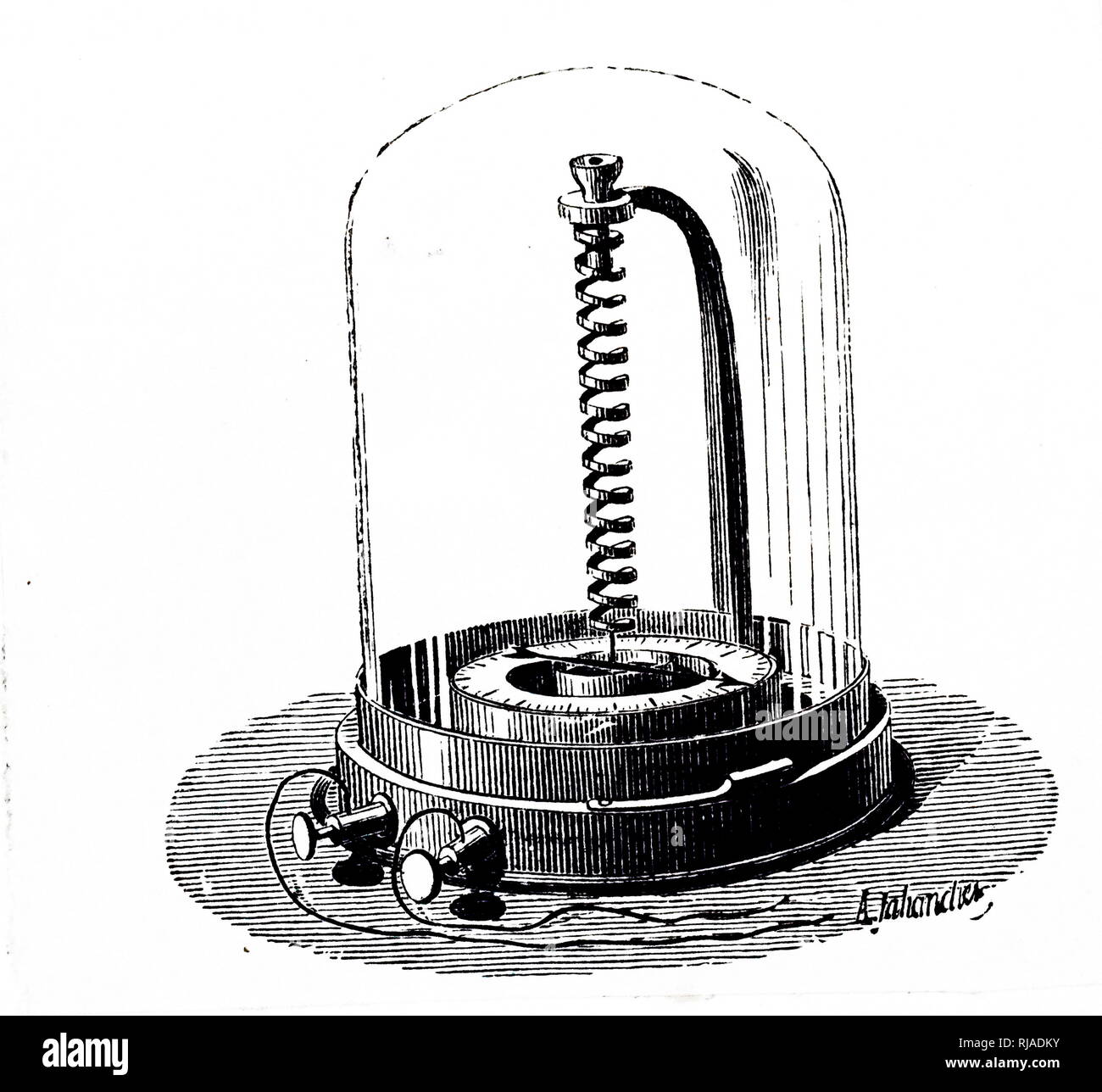 Une gravure illustrant la modification de Breguet, thermomètre métallique qui dépendait de l'expansion inégale des métaux. Trois bandes de Platinum, Gold et Silver, ont été formés en un mince ruban puis enroulé en spirale. Quand la température a augmenté, l'argent à l'intérieur plus que la platine sur l'extérieur, et l'aiguille déplacé. En date du 20e siècle Banque D'Images