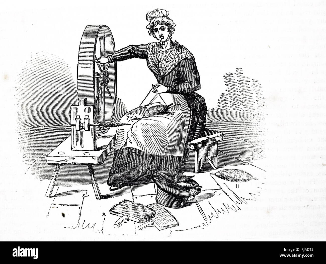 Une gravure représentant une roue tournante de Jersey utilisé pour de la laine ou du coton - sont une part cartes, B l'itinérant. En date du 19e siècle Banque D'Images
