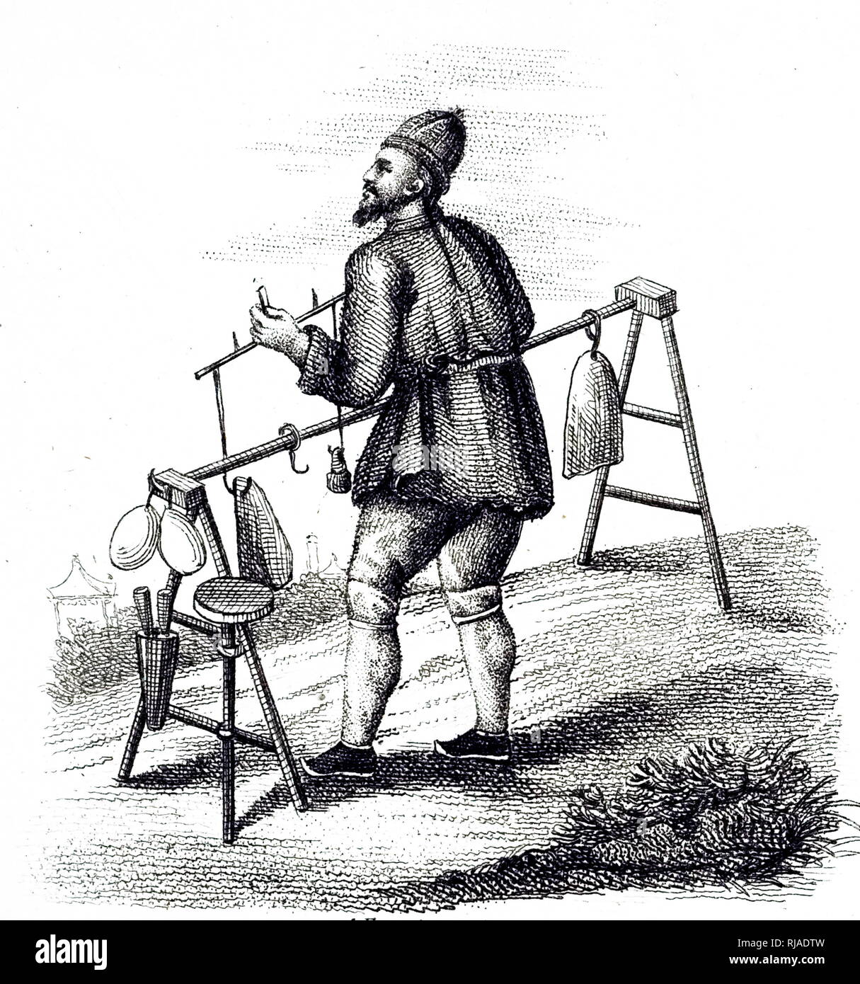 Une gravure représentant un charcutier chinois itinérant. En date du 19e siècle Banque D'Images