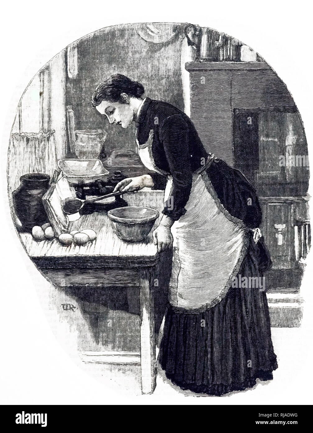 Une gravure représentant une femme sur le point de commencer à faire un gâteau. Derrière elle et à droite de la photo est une vue partielle d'une cuisine typique, avec le robinet de tirer de l'eau chaude visible. En date du 19e siècle Banque D'Images