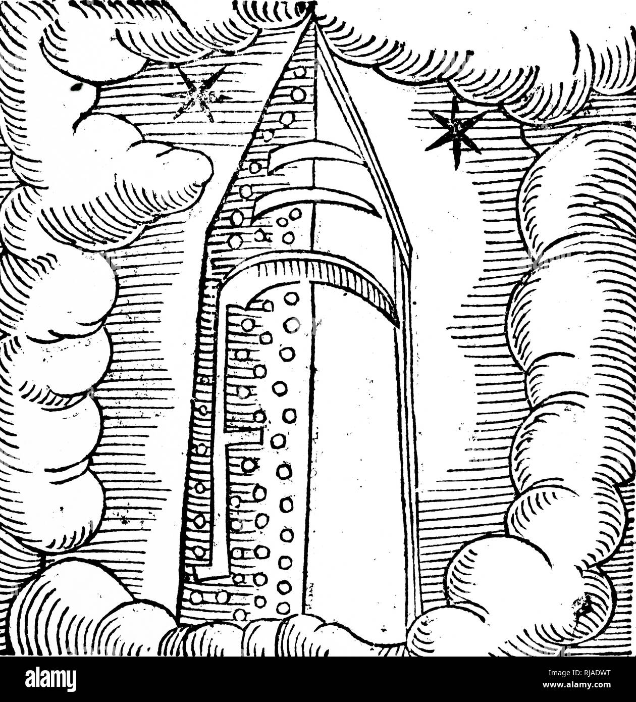 Une gravure sur bois représentant un vaisseau spatial dans les nuages ? Un objet observé au cours de l'Afrique du Nord en 1479 et interprété comme une comète. En date du 16e siècle Banque D'Images