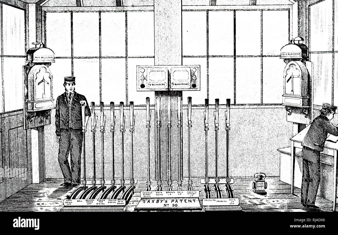 Une gravure représentant un signal fort à Waterloo sur la ligne de Charing Cross. En date du 19e siècle Banque D'Images