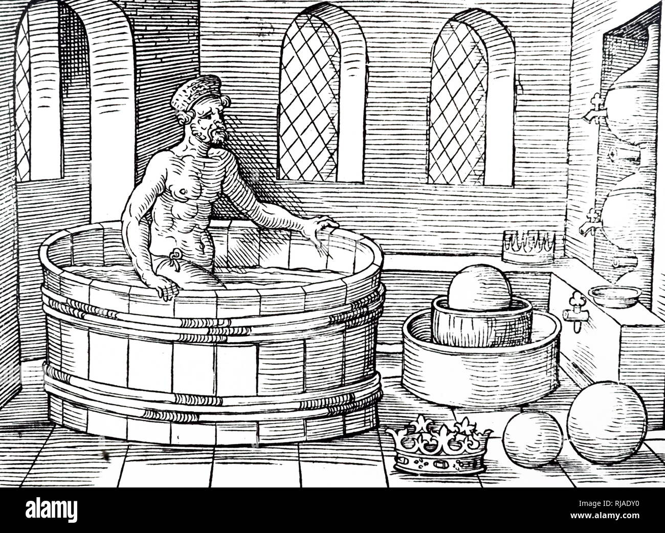 Une gravure sur bois représentant dans son bain d'Archimède, illustrant l'histoire de la façon dont il a résolu le problème de savoir si le nouveau Heron couronne était d'or pur. De Syracuse Archimède (187-212 avant J.-C.), un mathématicien grec, physicien, ingénieur, inventeur, et astronome. En date du 16e siècle Banque D'Images