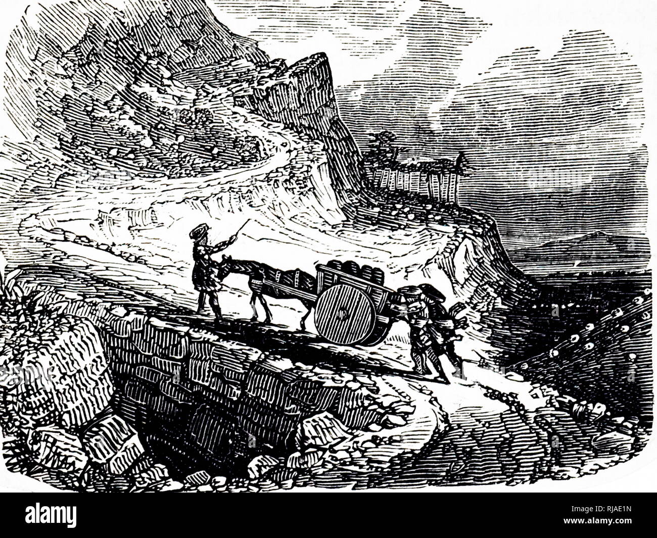 1840, illustration dépeignant l'ascension par un cheval et panier de Scottish Highland Road Banque D'Images