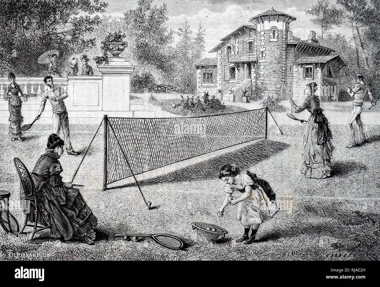 Illustration du xixe siècle, le double mixte Tennis sur Gazon Banque D'Images