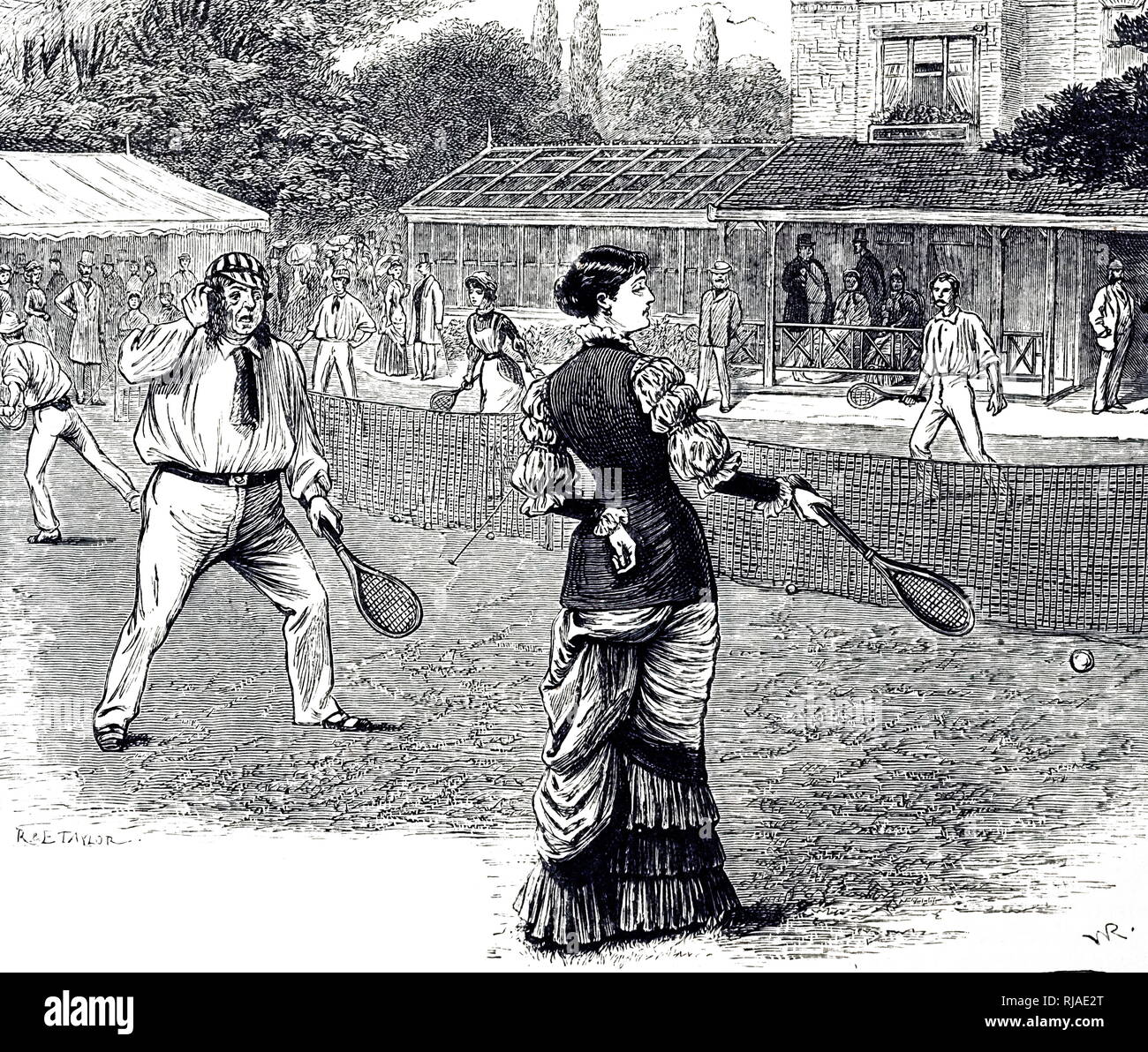 Illustration du xixe siècle, le double mixte Tennis sur Gazon Banque D'Images