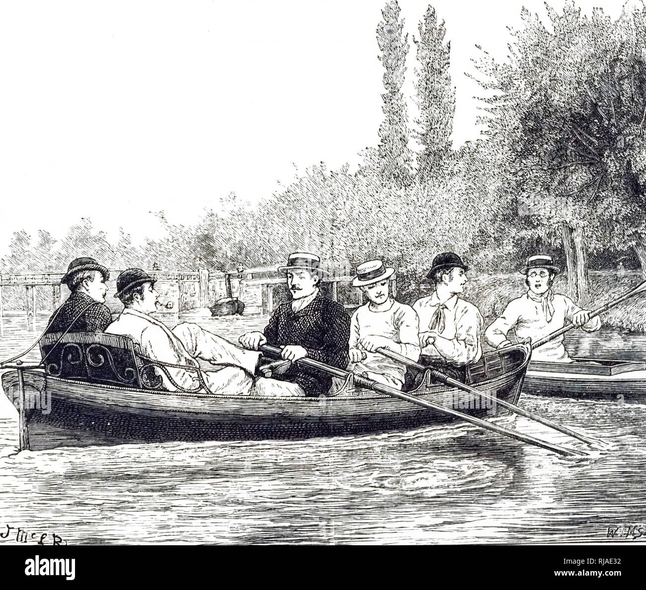 Illustration montrant les étudiants d'Oxford, dans la pratique, pour la course de bateau, 1879. La Boat Race est une course d'Aviron annuelle entre l'Université d'Oxford et le Club de bateau de Cambridge University Boat Club, ramé entre hommes et femmes, ouvrez-eights poids sur la Tamise à Londres, en Angleterre. Il est également connu sous le nom de University Boat Race et de l'Oxford et Cambridge Boat Race. La course des hommes a été tenue pour la première fois en 1829 et a lieu chaque année depuis 1856, sauf pendant la première et la seconde guerre mondiale. Banque D'Images