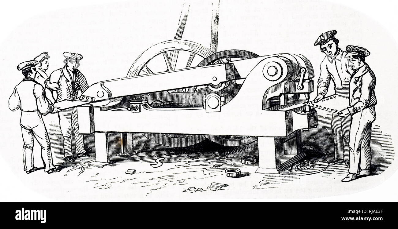 Illustration du 19ème siècle, le fer et l'acier les travailleurs d'une machine de découpe et de poinçonnage. Chantier naval de Clyde, en Écosse ; 1843 Banque D'Images