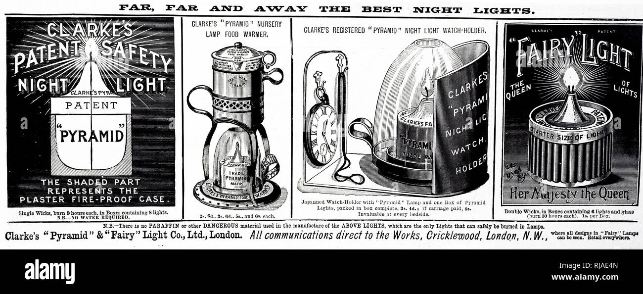 19e siècle, l'annonce de 'Clarke's Night Lights', utilisé dans les crèches à domicile. 1893 Banque D'Images