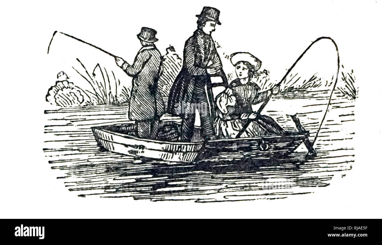 19ème siècle illustration montrant un bateau de pêche en barque dans une rivière. 1844 Banque D'Images