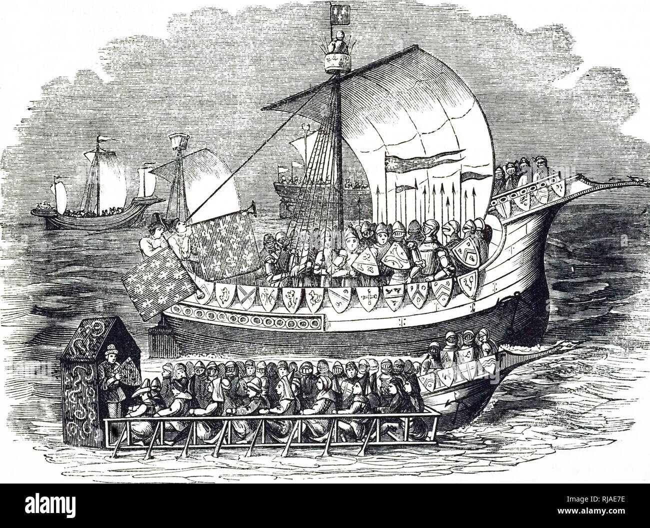 Illustration montrant un navire de guerre du xve siècle et la cuisine. 1851 Banque D'Images