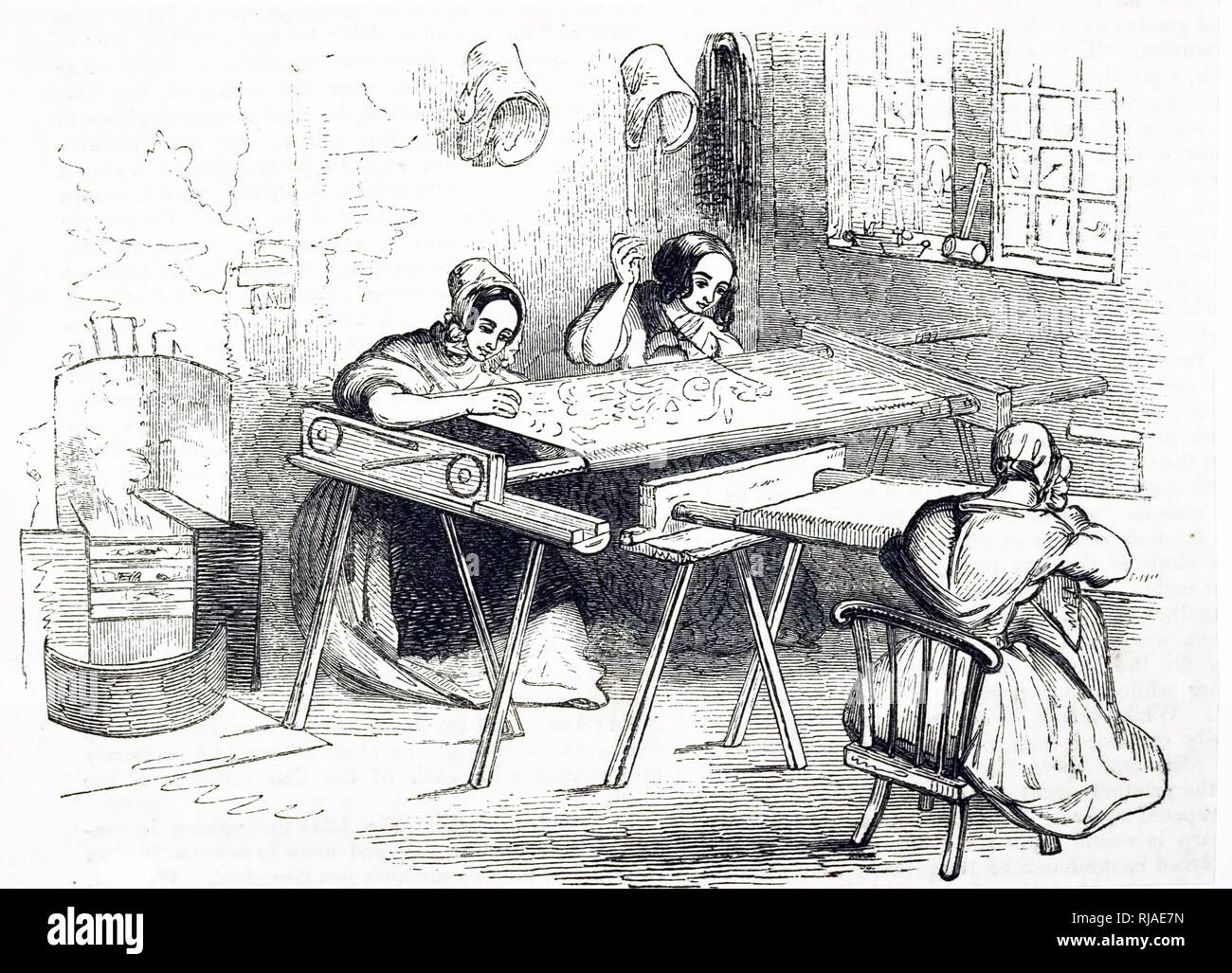 Illustration montrant une résidence Victorienne, l'anglais, l'accueil d'un travailleur ou de broderie couture bobbin travaillent de longues heures pour un faible salaire.1843 Banque D'Images