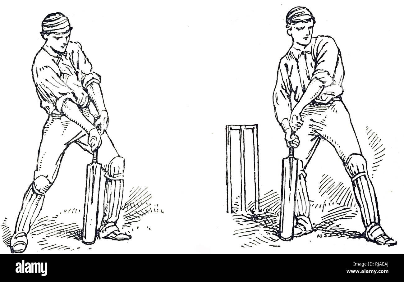 Une gravure montrant la bonne méthode de lecture avant (gauche) et l'arrière (droite) dans le cricket. En date du 19e siècle Banque D'Images