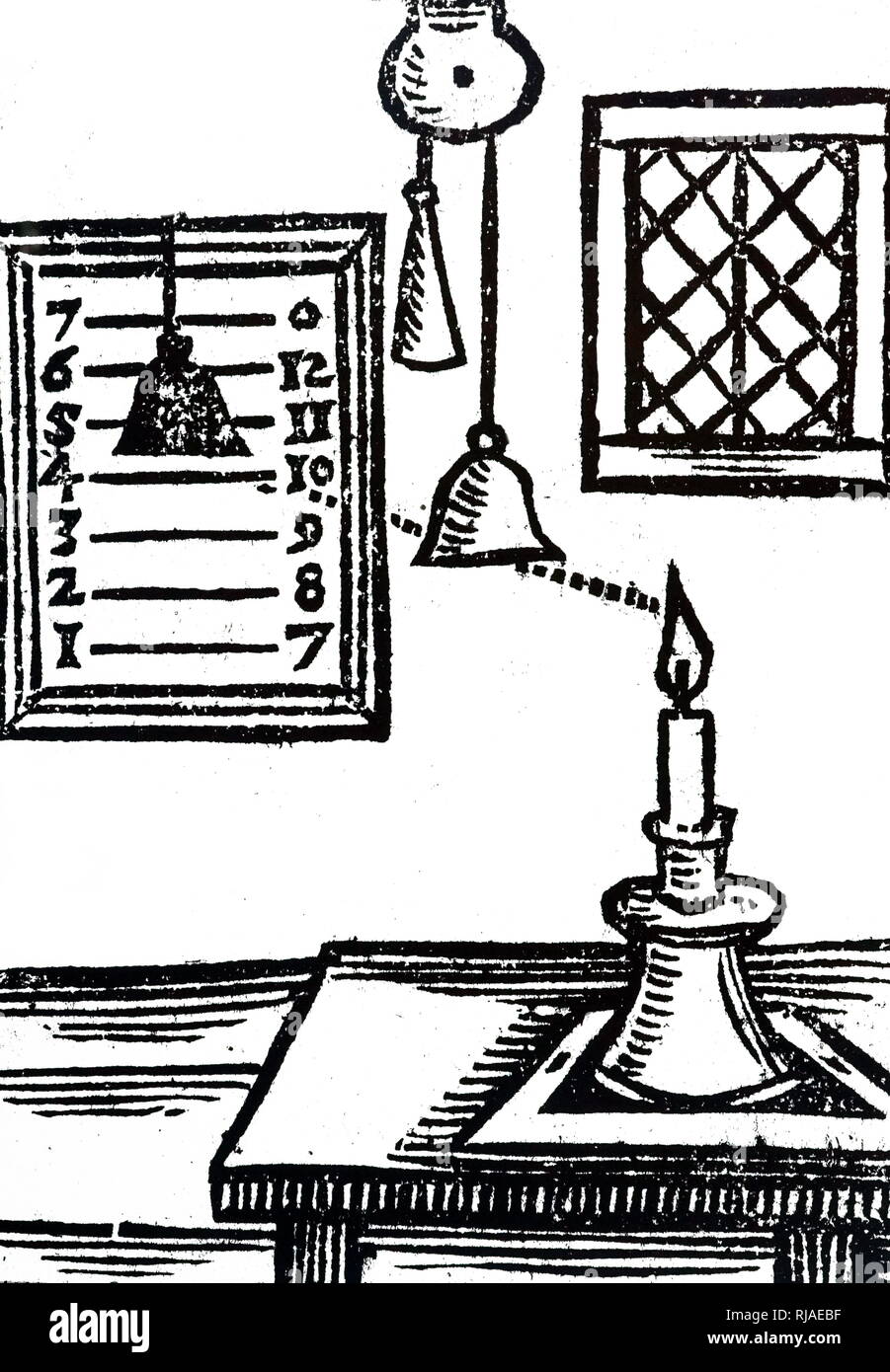 Une gravure sur bois Gravure illustrant le processus de création d'une Candle-Dial, par laquelle vous pouvez connaître les heures de la nuit. La bougie jette l'ombre de poids sur le papier sur le mur. Si le taux de chute du poids et de l'incendie d'une bougie standard ont été correctement réglés, ce dispositif maintenu assez bon moment. En date du 17e siècle Banque D'Images