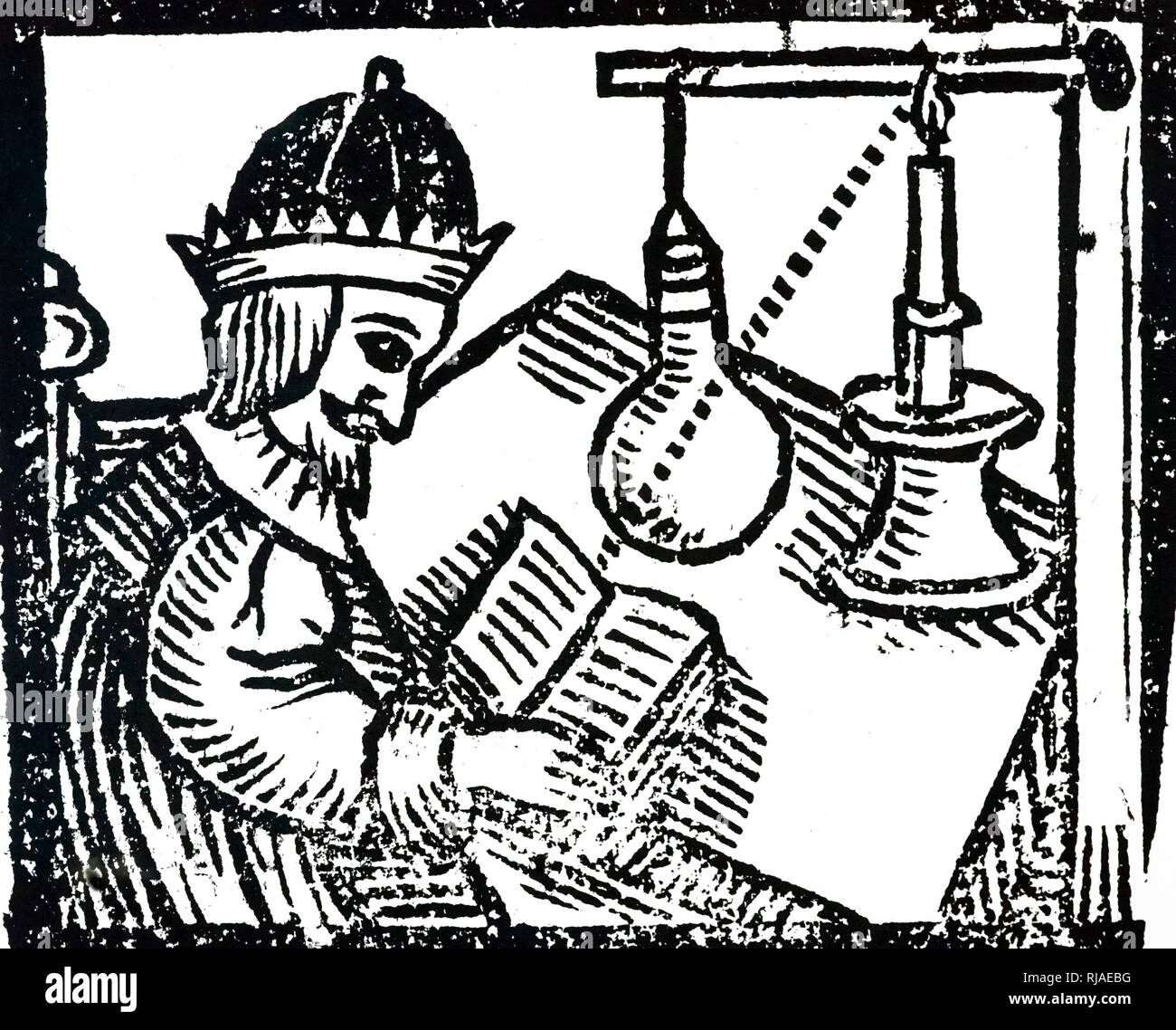Une gravure sur bois représentant le processus d'accroissement de la puissance d'une bougie en faisant passer la lumière à travers un globe de verre rempli d'eau, qui agit comme un condensateur. En date du 17e siècle Banque D'Images