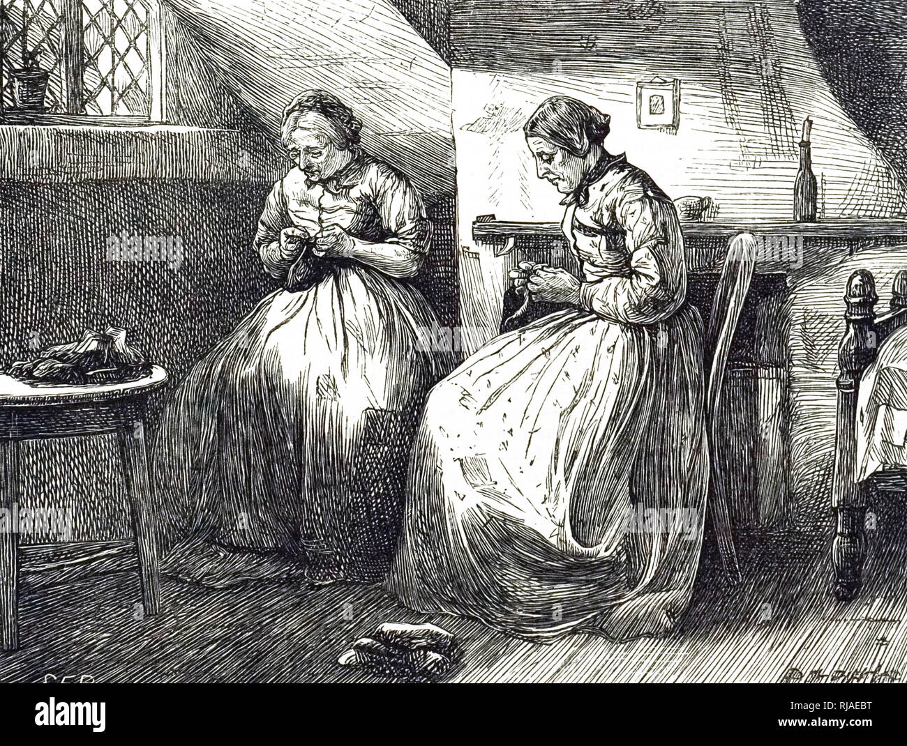 Une gravure représentant deux femmes âgées qui vivent dans l'Est de Londres qui composent le bas et mitaines tricotées et ils vendus à faire quelques pence. Illustré par Edward Frederick Brewtnall (1846-1902) un genre, le paysage et la figure peintre et illustrateur. En date du 19e siècle Banque D'Images Une gravure représentant deux femmes âgées qui vivent dans l'Est de Londres qui composent le bas et mitaines tricotées et ils vendus à faire quelques pence. Illustré par Edward Frederick Brewtnall (1846-1902) un genre, le paysage et la figure peintre et illustrateur. En date du 19e siècle Banque D'Images