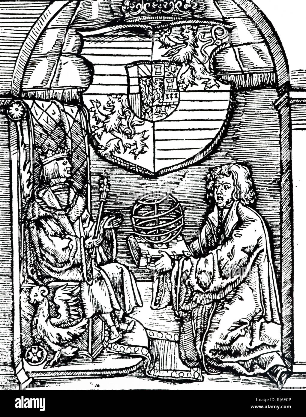 Gravure sur bois représentant FERDINAND I ; Saint Empereur romain 1558-64, roi de Bohême et de Hongrie 1526. À partir de la page de titre de l'De Sphaericus de Théodose de Tripoli (2e siècle). Cette première traduction intégrale de l'œuvre, a été préparé par Johann Voegelin qui est illustré présentant le livre et une sphère armillaire à l'Empereur - Vienne 1529 Banque D'Images
