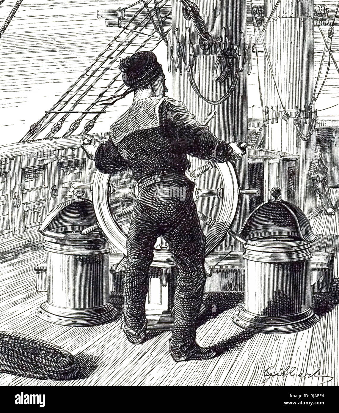 Dessin montrant une Нhelmsman français d'un homme de guerre, maintenir le bateau sur son сcourse' bon en se référant à la Boussole montée sur un habitacle. 1874 Banque D'Images