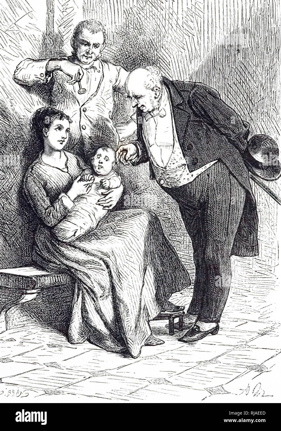 19e siècle français illustration montrant un enfant emmailloté de bandelettes. 1876 Banque D'Images