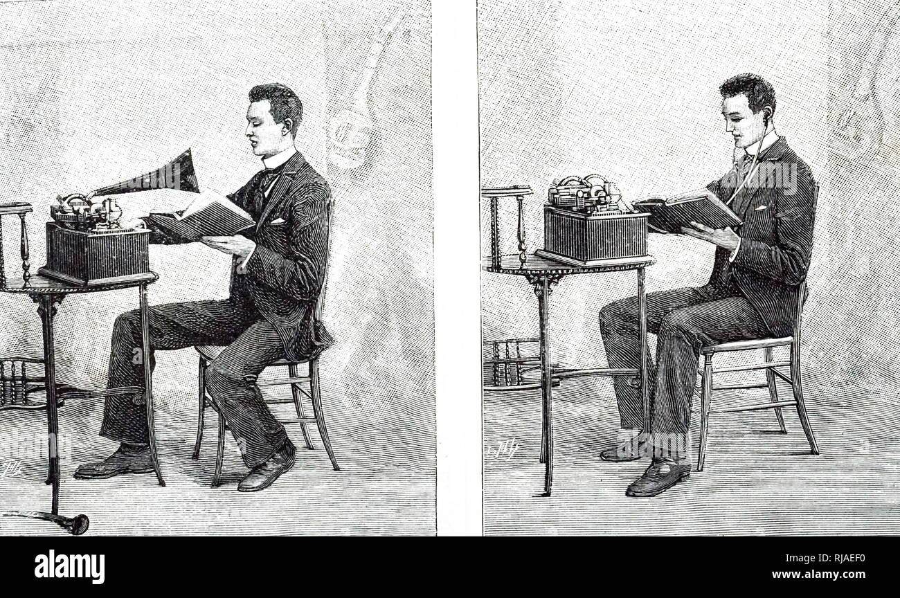 Illustration d'un phonographe Edison utilisé pour apprendre les langues. A gauche : l'enregistrement de la voix off. A droite : l'écoute de l'enregistrement. 1893 Banque D'Images