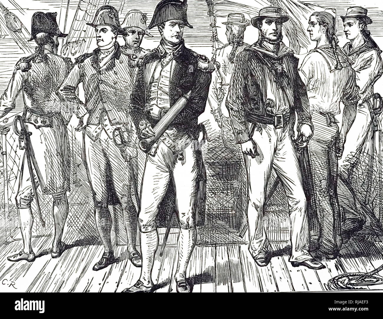 18e siècle et le capitaine de la Royal Navy à bord de leur navire. Illustration ; 1890 Banque D'Images