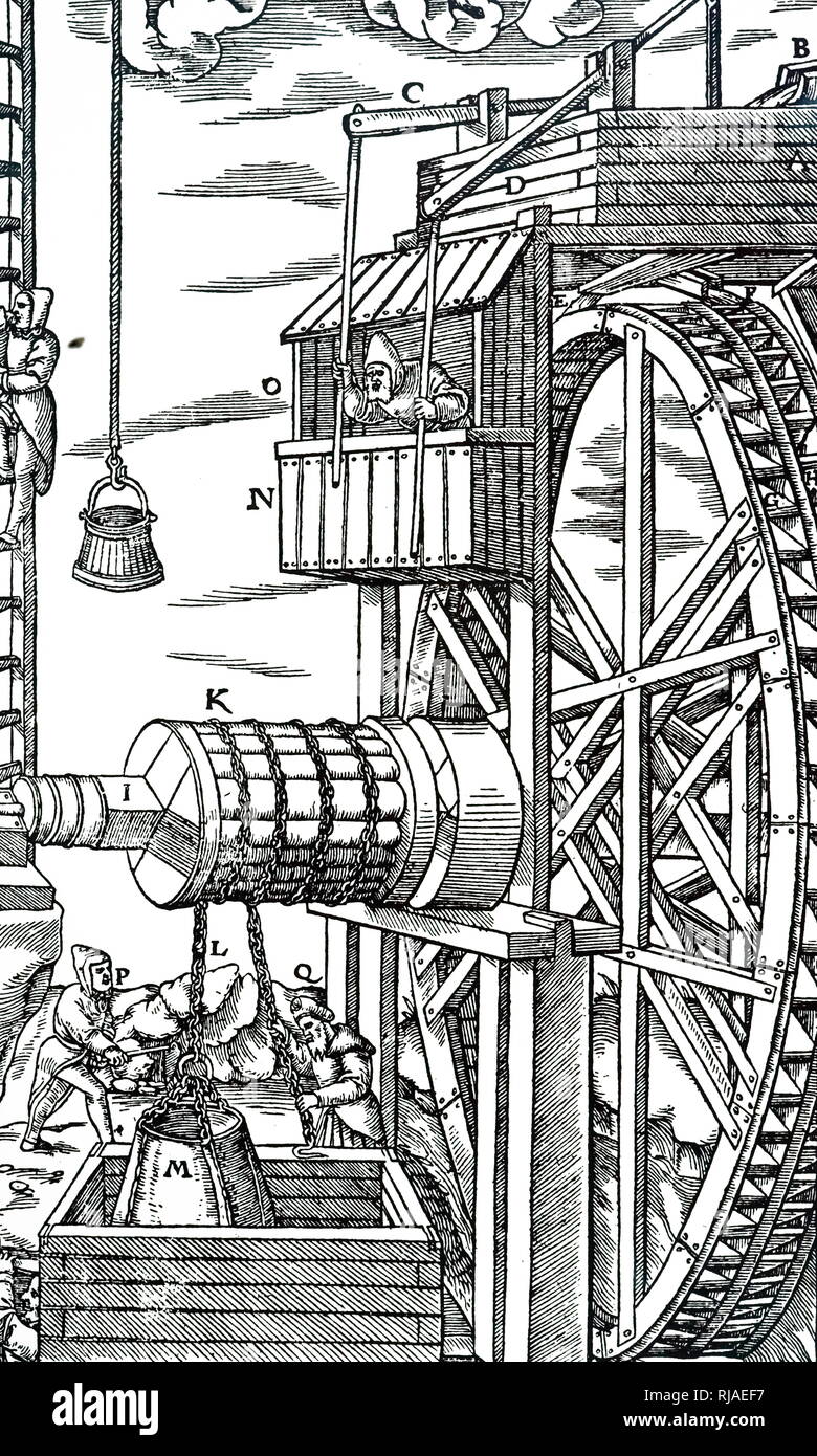 Une gravure sur bois représentant un palan réversible pour élever des seaux de cuir d'une mine. L'homme à la cabane, O, s'ouvre et les courses de l'eau par des leviers, C, D, d'arrêter et de démarrer la roue de l'eau avec une double rangée de seaux face à la façon opposée. En date du 16e siècle Banque D'Images