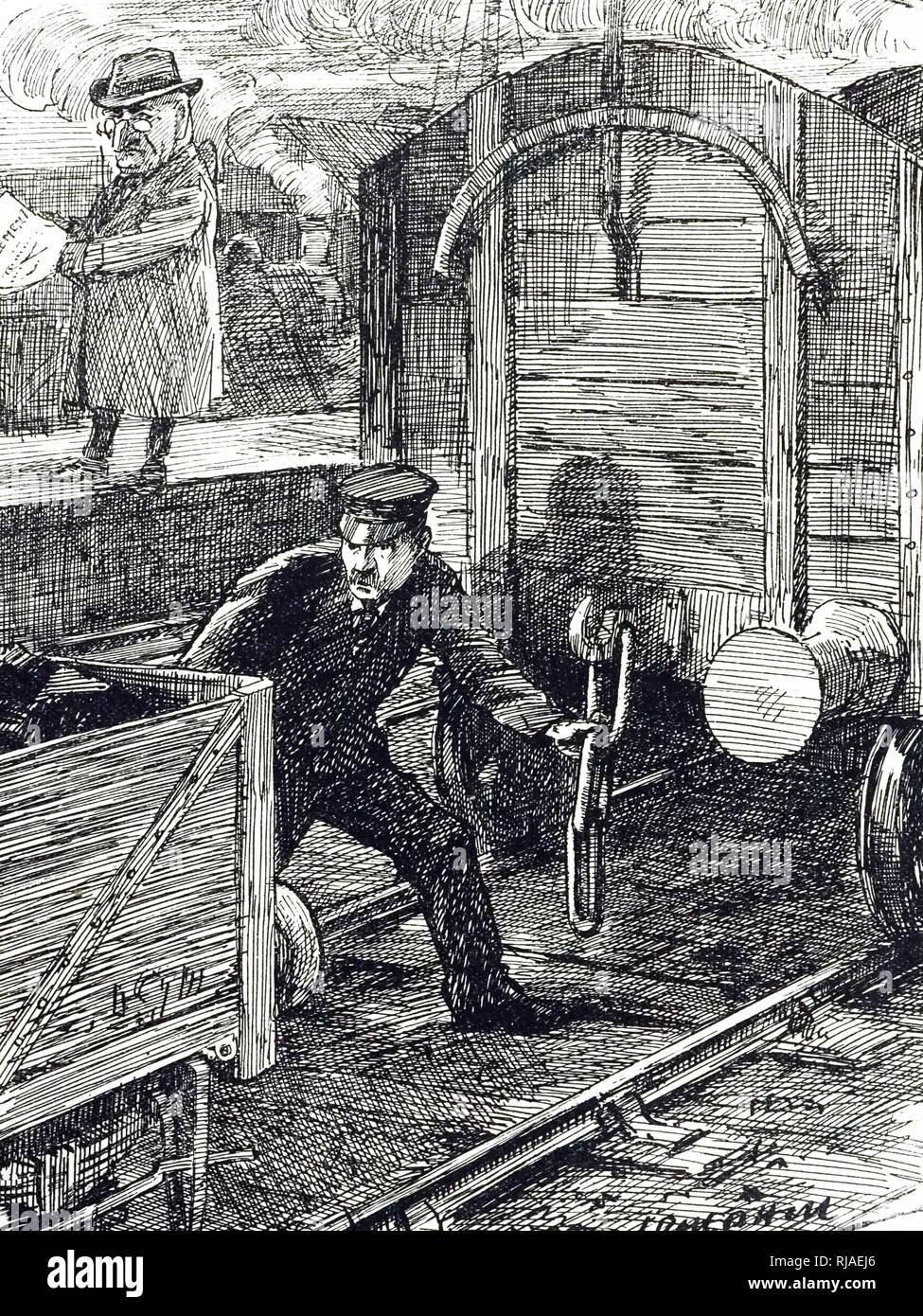 Commentaires sur une caricature du travailleur ferroviaire accidents. Illustrée par Leonard Raven-Hill (1867-1942) un artiste anglais, illustrateur et caricaturiste. En date du 20e siècle Banque D'Images