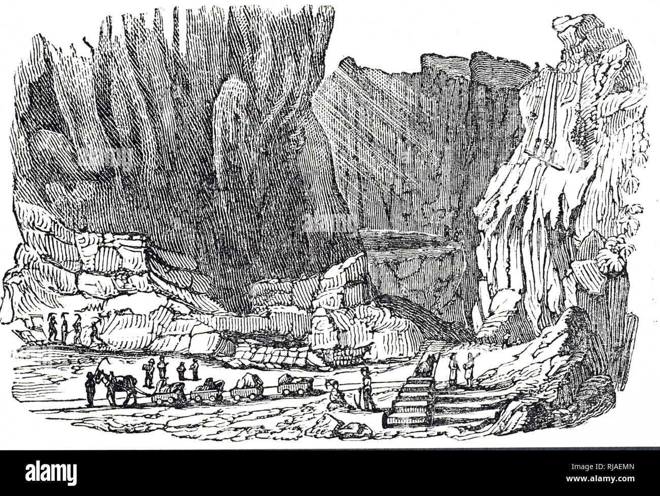 Une gravure représentant une carrière d'ardoise dans le Nord du Pays de Galles. En date du 19e siècle Banque D'Images