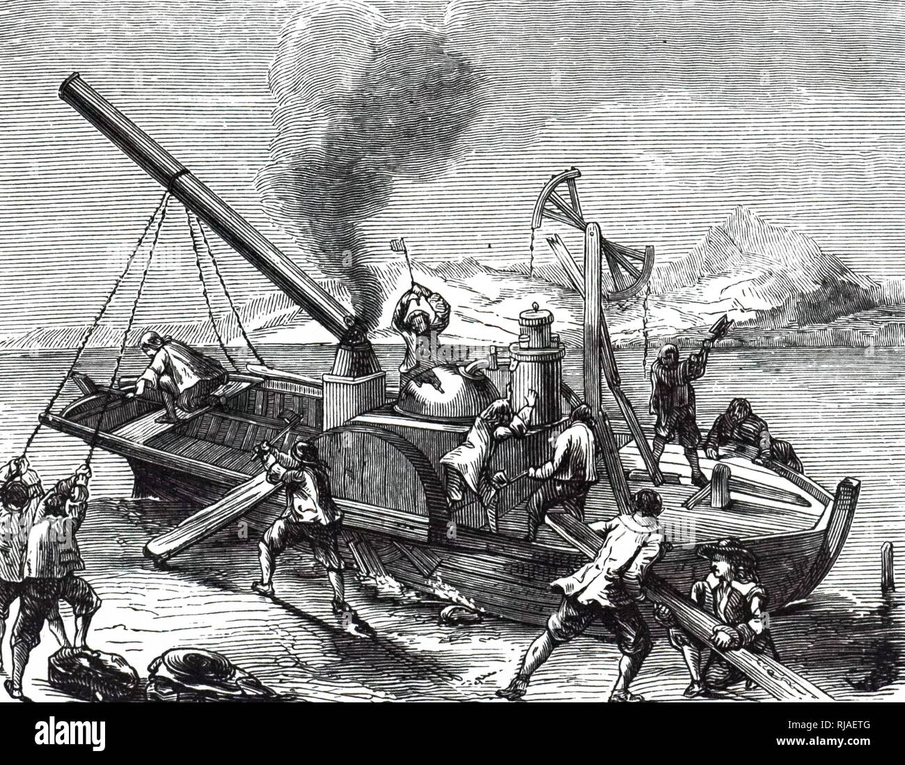 Une gravure représentant Denis Papin's steamboat (1707) d'un naufrage sur les bateliers par Weser, qui la considèrent comme une menace pour leur emploi. Denis Papin (1647-1713) Physicien français, mathématicien et inventeur. En date du 19e siècle Banque D'Images