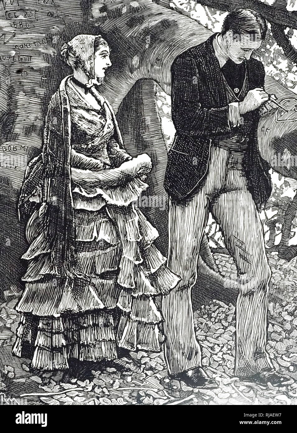Une gravure représentant une sculpture d'un cœur amoureux et initiales sur la branche d'un arbre. En date du 19e siècle Banque D'Images