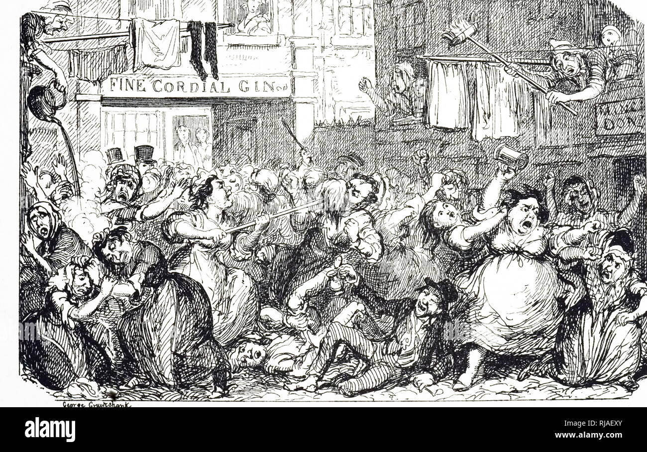 Une gravure représentant une cour de gin échauffourée au cours St Crispin's Day celebration de la Petite France, Londres. Illustré par George Cruikshank (1792 à 1878) un caricaturiste britannique et illustrateur de livres. En date du 19e siècle Banque D'Images