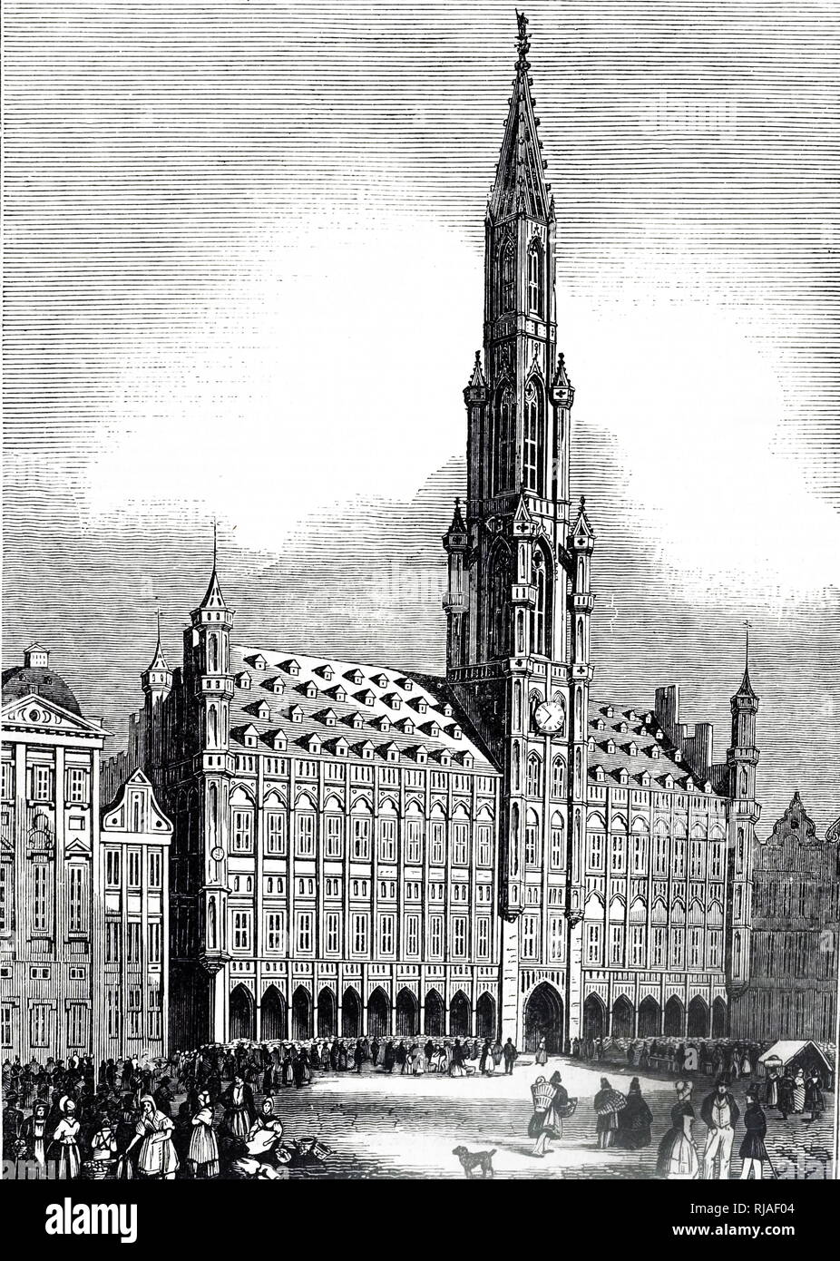 Une gravure représentant un aperçu de l'Hôtel de Ville de Bruxelles, un bâtiment gothique du Moyen Âge. En date du 19e siècle Banque D'Images