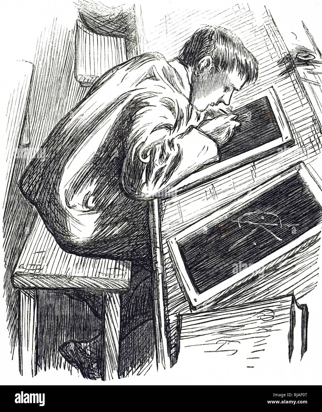 Une gravure représentant un enfant écrit à la craie sur une ardoise. En date du 19e siècle Banque D'Images