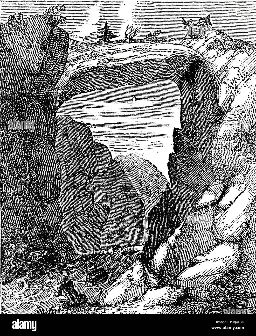 Une gravure représentant un aperçu de l'Rock Bridge, une formation rocheuse faisant naturellement un pont, Rockbridge County, en Virginie. En date du 19e siècle Banque D'Images