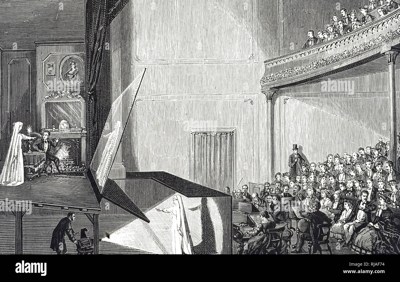 Une gravure représentant Pepper's ghost, une illusion technique utilisée pour produire une image fantomatique, nommé d'après John Henry de poivre. Le "Ghost" sous la scène est éclairée et réfléchie par un miroir sur la feuille de verre en face de la scène. À l'auditoire, le fantôme semble être sur la scène. John Henry Poivre (1821-1900), un scientifique britannique et inventeur. En date du 19e siècle Banque D'Images