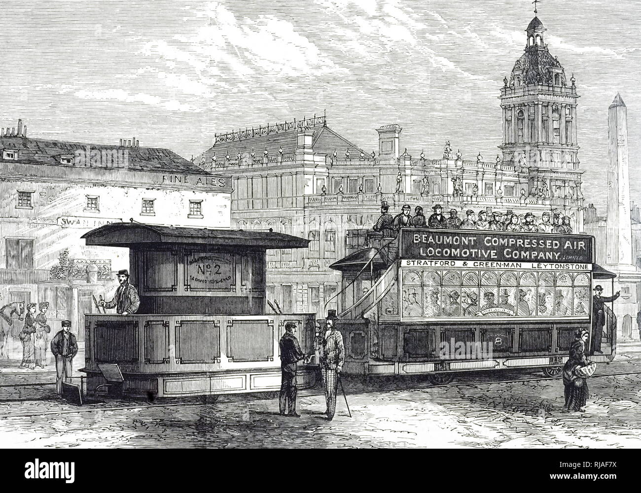 Une gravure représentant un tram conduit par Frederick Beaumont's moteur d'air comprimé, introduit sur la Stratford à la forêt d'Epping branche de la métropolitaine du nord de tramways. Frederick Beaumont (1833-1899), un officier britannique de la Royal Engineers. En date du 19e siècle Banque D'Images