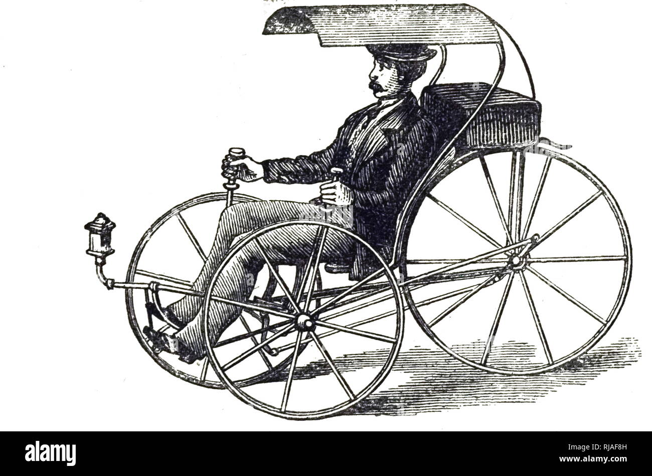 Une gravure représentant un chariot tricycle avec un auvent et météo assurance tablette. En date du 19e siècle Banque D'Images