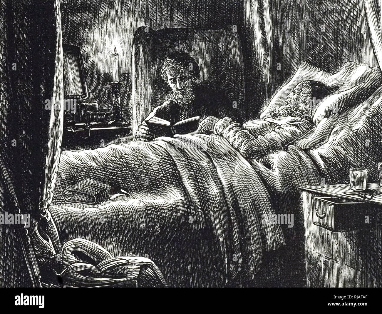 Une gravure représentant un fils lecture à son vieux père aux chandelles sur son lit de mort. En date du 19e siècle Banque D'Images