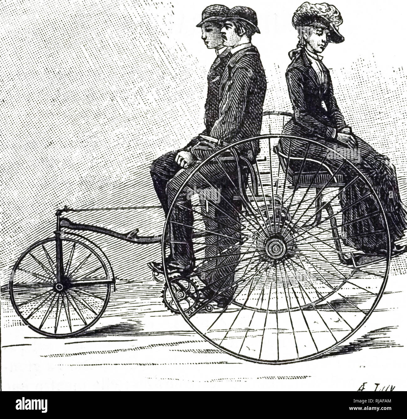 Une gravure représentant un tricycle 'Sociable' avec un siège pour une troisième personne derrière. En date du 19e siècle Banque D'Images