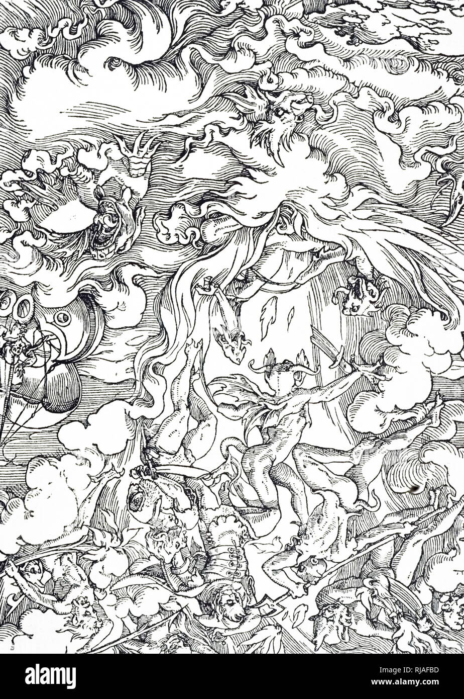 Une gravure sur bois représentant le Jugement Dernier, montrant la terre et l'ouverture de la mer et les démons de tomber dans les flammes de l'enfer. Gravure sur bois par Jean Cousin le jeune (1522-1595) un peintre et artiste. En date du 16e siècle Banque D'Images