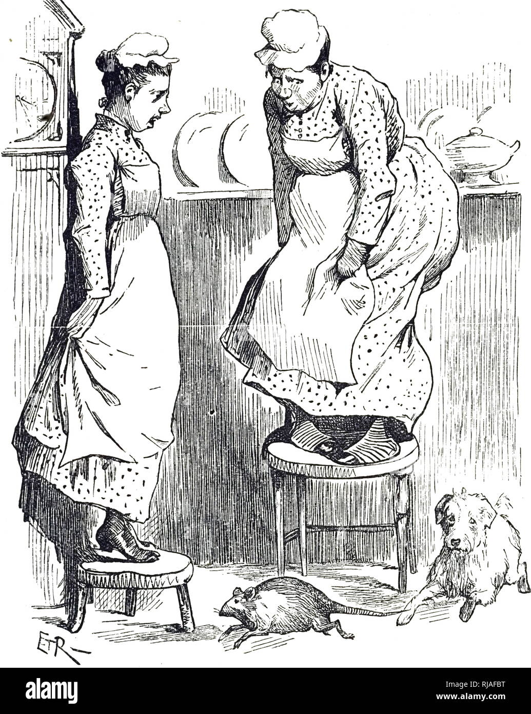 Une caricature montrant un cuisinier et femme de chambre cuisine étant terrifié par un rat qui le terrier est déterminé à attraper. En date du 19e siècle Banque D'Images
