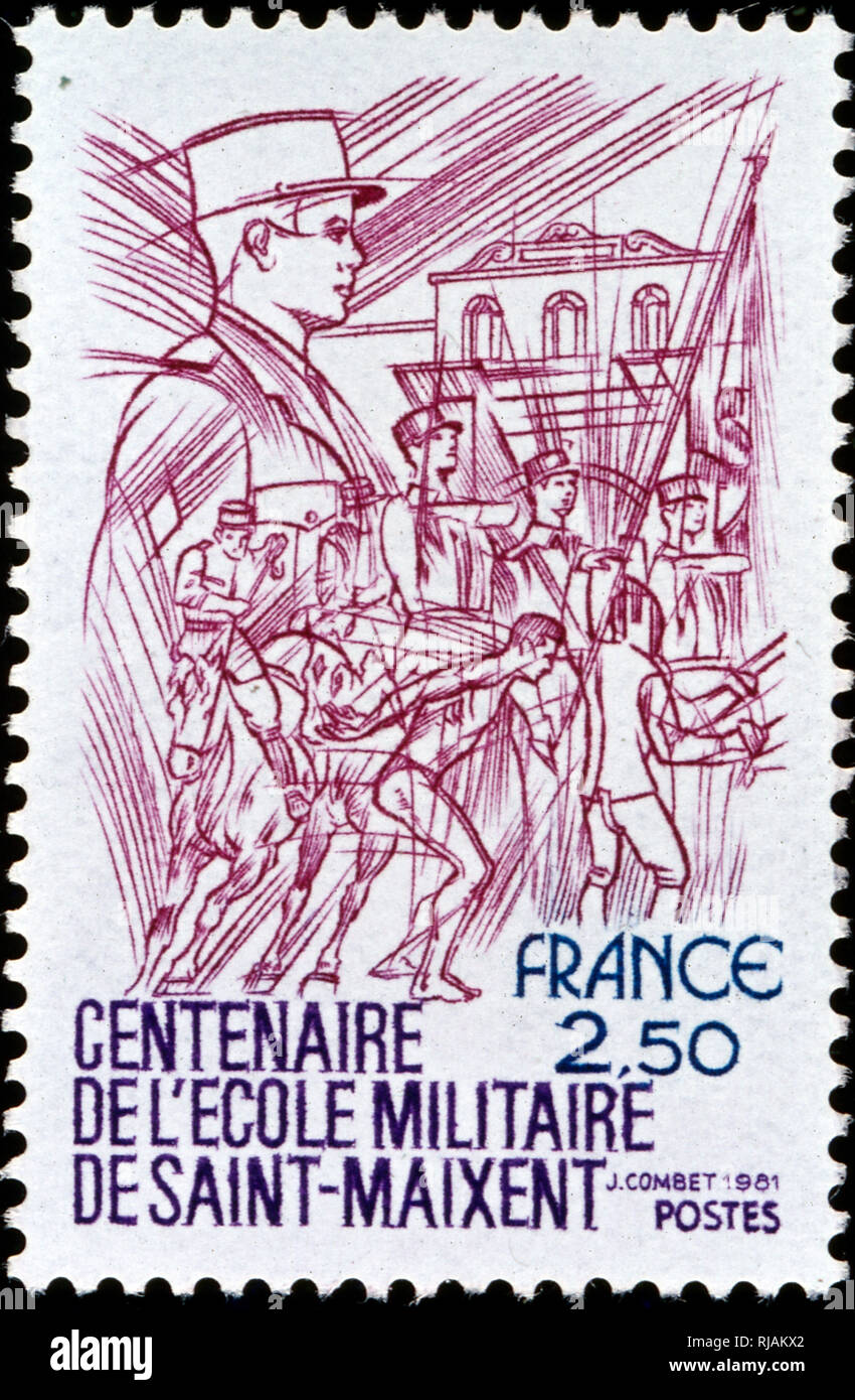 Timbre-poste français célébrant l'Ecole Militaire de Saint-Maixent. 1981 Banque D'Images