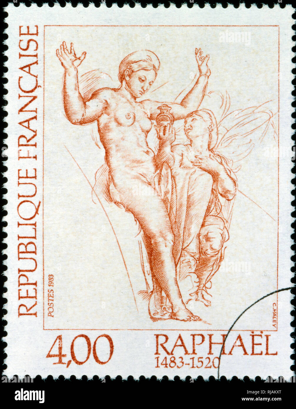 Timbre-poste français commémorant l'artiste italien de la Renaissance Raphaël. 1983 Banque D'Images