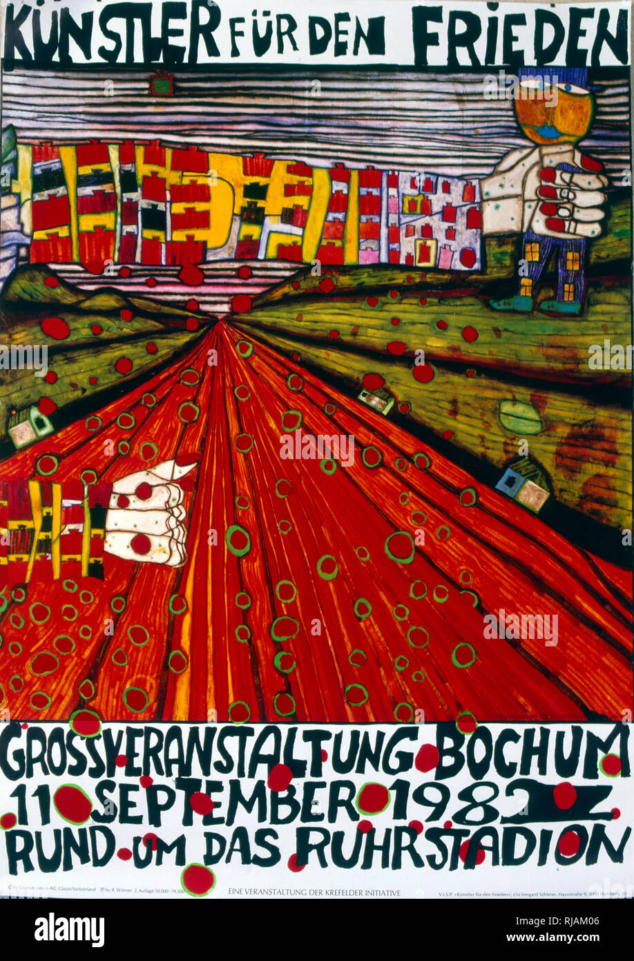 Kunstler fur den frieden', s'engager pour la paix. anti-guerre nucléaire, l'affiche 1982. À l'occasion d'un concert-bénéfice et de démonstration dans le stade à Bochum, le 11 septembre 1982, contre le déploiement des missiles de croisière et Pershing-2 en Europe centrale. L'affiche était accompagné d'un deuxième conçu par Hundertwasser, énumérant tous les noms des artistes participants et les bandes Banque D'Images