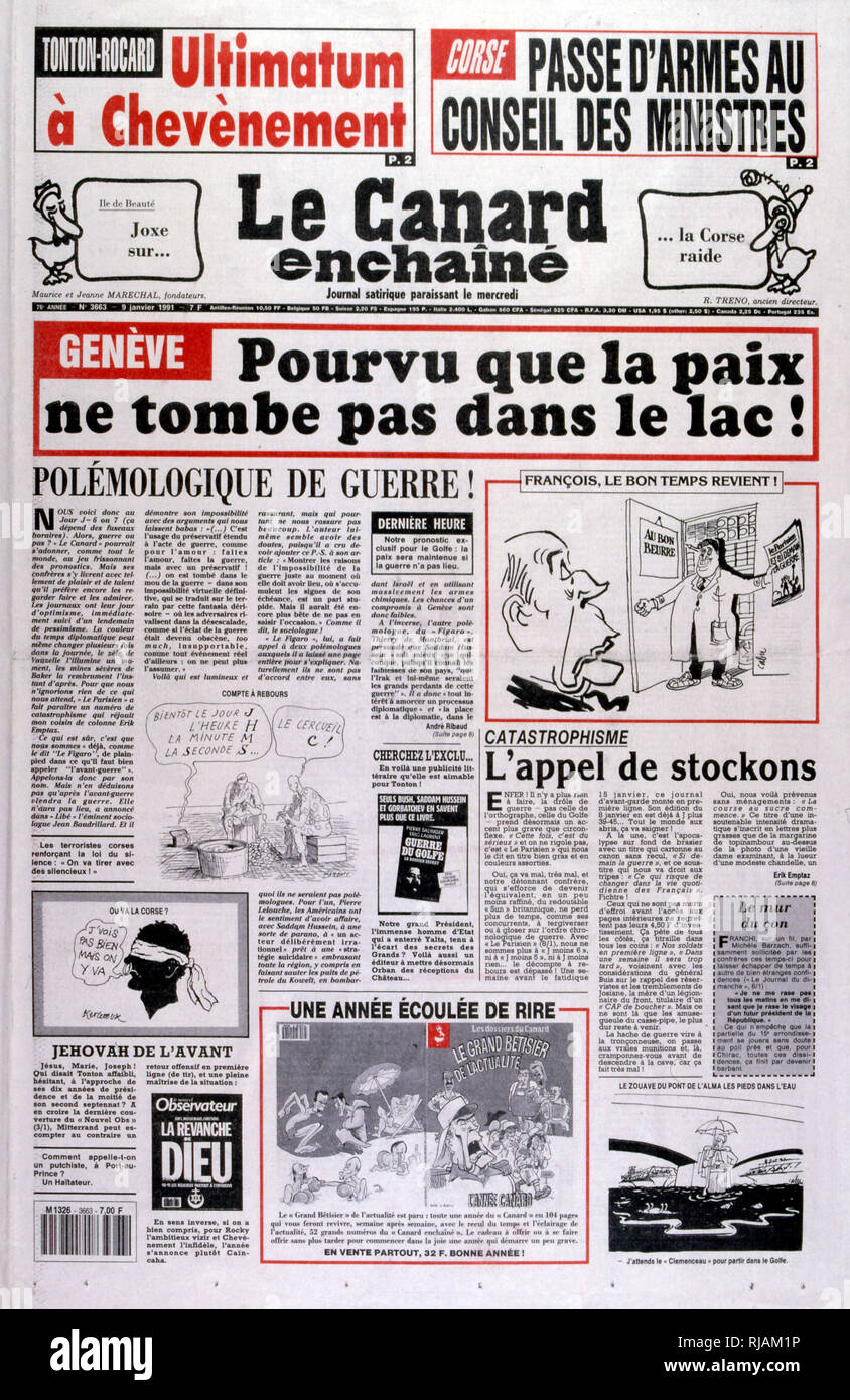 Le journal satirique "Le Canard Enchaine', critique de l'implication française lors de la guerre du Golfe (2 août 1990 - 28 février 1991). code Opération Bouclier du désert et l'opération Tempête du