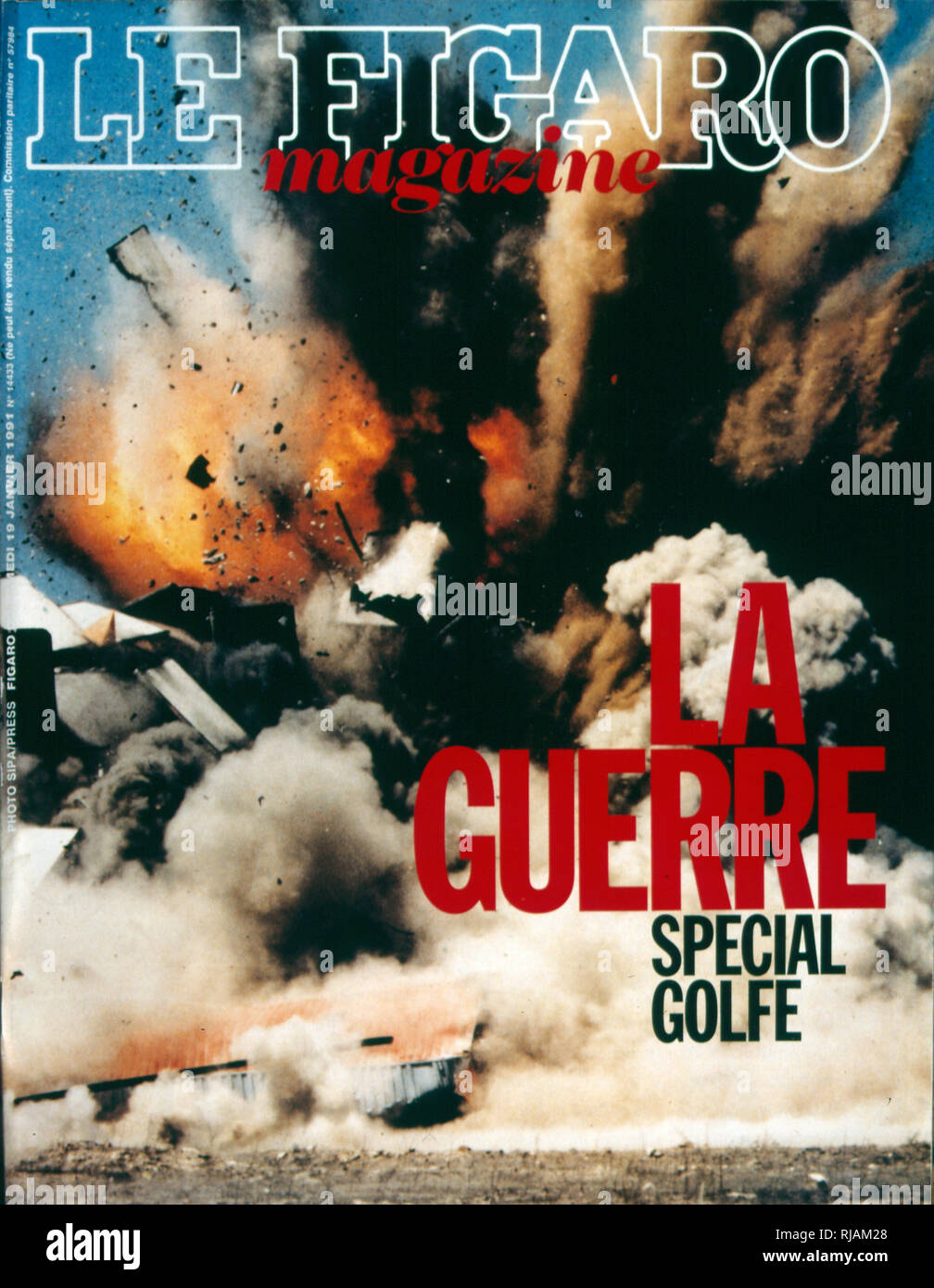 Première page de 'Le Figaro' un journal français, le 16 janvier 1991, concernant l'action militaire pendant la guerre du Golfe (2 août 1990 - 28 février 1991). code Opération Bouclier du désert et l'opération Tempête du désert, la guerre menée par les forces de la coalition de 35 nations menée par les États-Unis contre l'Iraq en réaction à l'invasion et l'annexion du Koweït. Les photos montrent les commandants français a déposé et le cabinet de guerre français sous le président Mitterrand. Banque D'Images