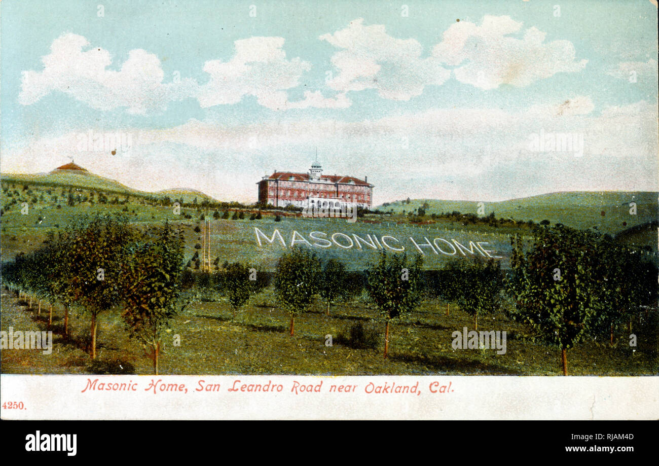 Carte postale montrant le San Leandro Lodge, Masonic Home, Joaquin Ave. San Leandro, Californie 1920 Banque D'Images