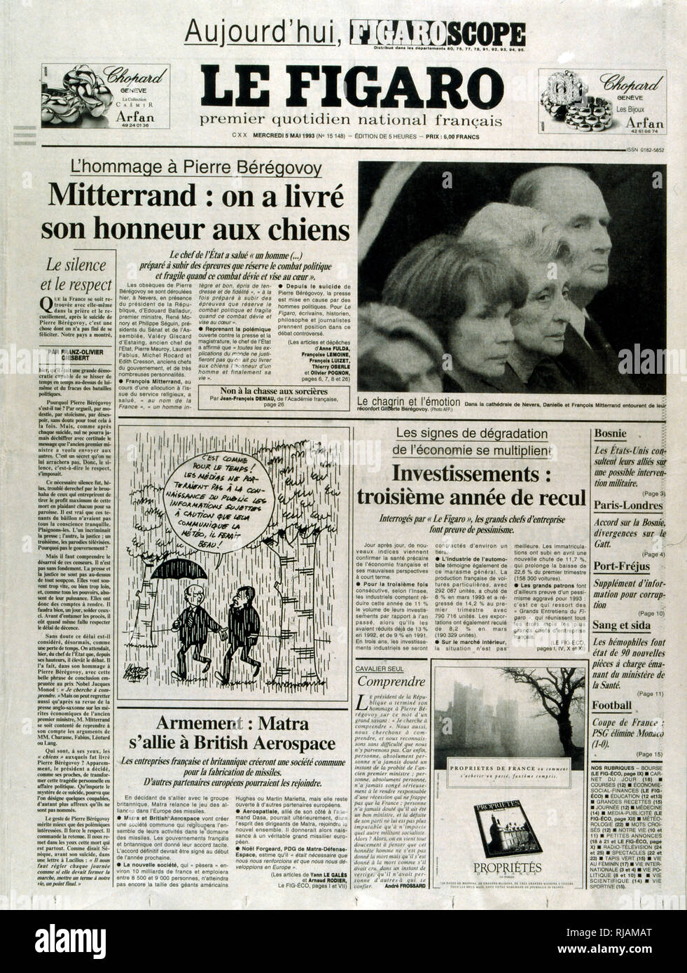 Première page du quotidien français 'Le Figaro' après le suicide de Pierre BEREGOVOY, mai 1993. Eugène Pierre BEREGOVOY (1925 - 1 mai 1993) était un homme politique français qui a servi comme Premier Ministre de la France sous le président François Mitterrand, du 2 avril 1992 au 29 mars 1993. Banque D'Images