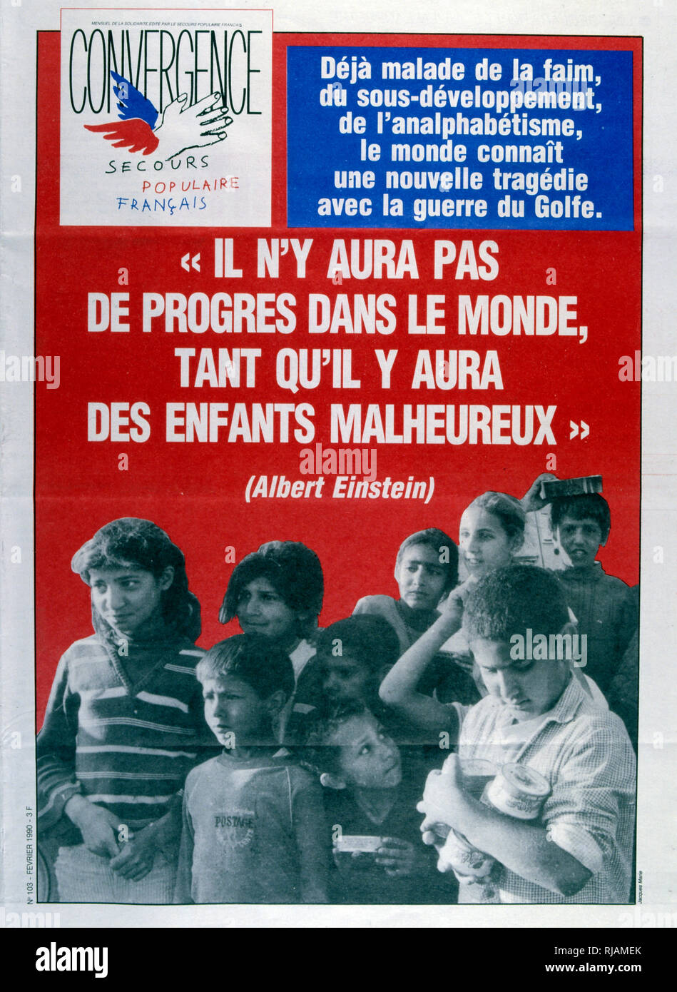 Rapport sur la sur les souffrances des enfants en raison de la guerre du Golfe 1991 Première page de la publication 'Convertgencen Français' février 1991. La guerre du Golfe (2 août 1990 - 28 février 1991), l'opération Bouclier du désert et l'opération Tempête du désert, était une guerre menée par les forces de la coalition de 35 nations menée par les États-Unis contre l'Iraq en réaction à l'invasion et l'annexion du Koweït. Banque D'Images